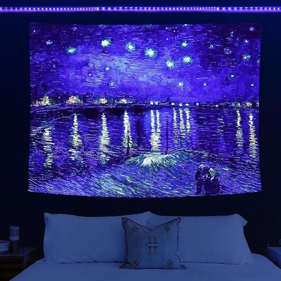 Huge Black Light Starry Night Over the Rhone Vincent Van Gogh Wall Tapestry New - Picture 3 of 9